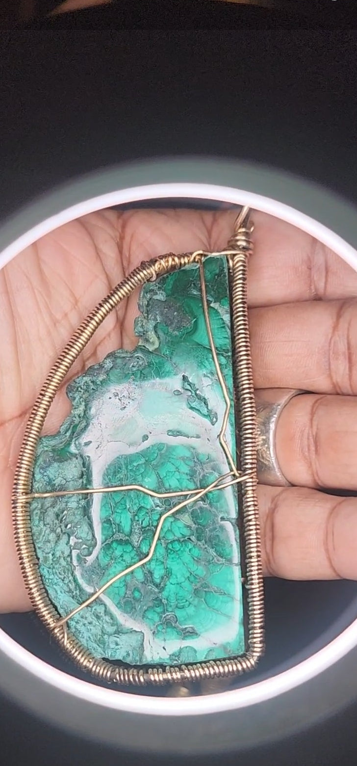 Wirewrapped Congolese Malachite in Brass with Afrikan Lost Wax Beads