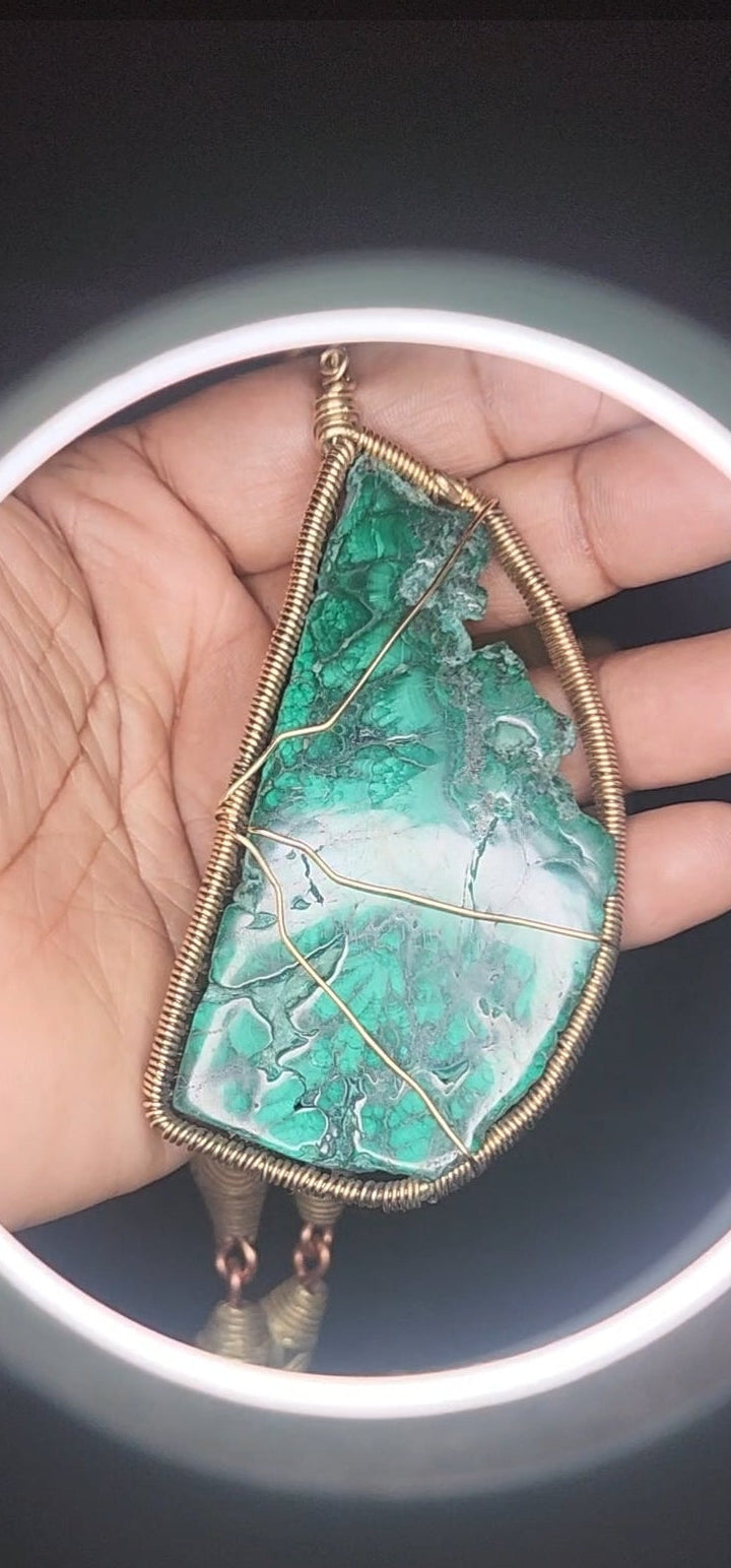 Wirewrapped Congolese Malachite in Brass with Afrikan Lost Wax Beads