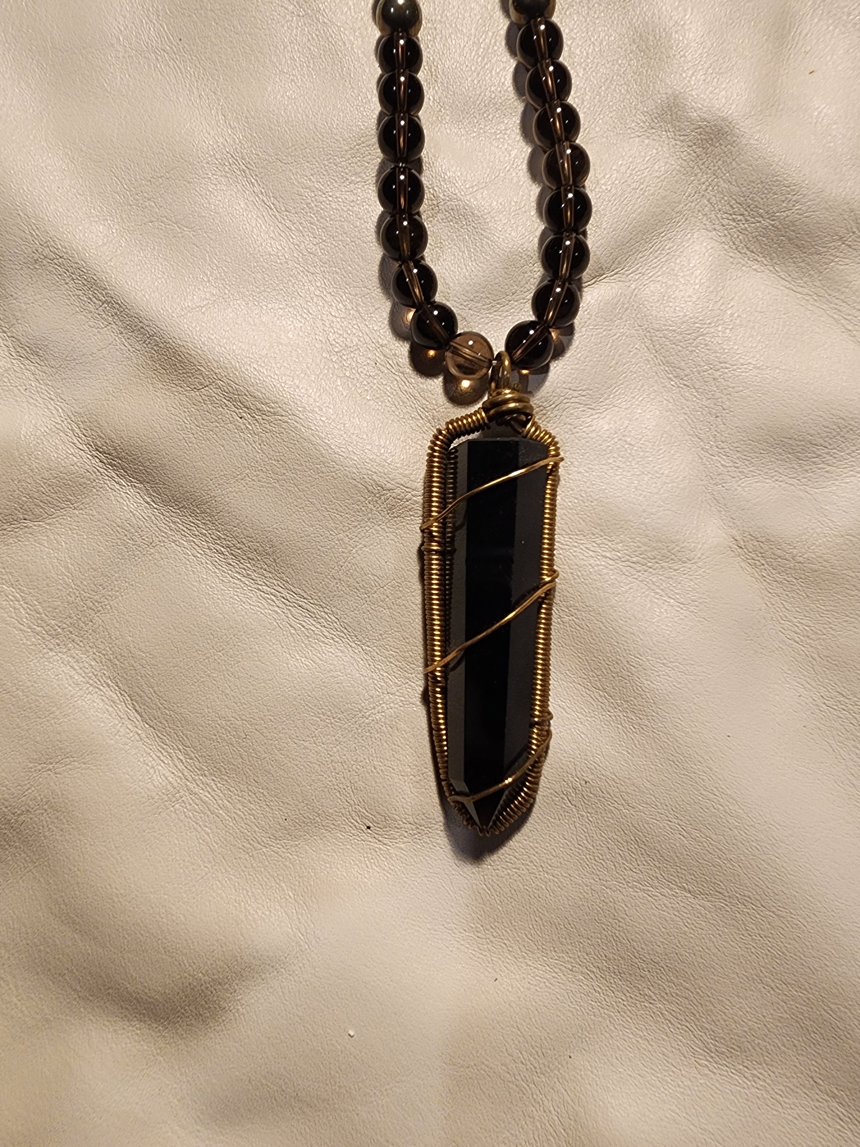 Smokey Quartz Prism in Brass Wire Necklace