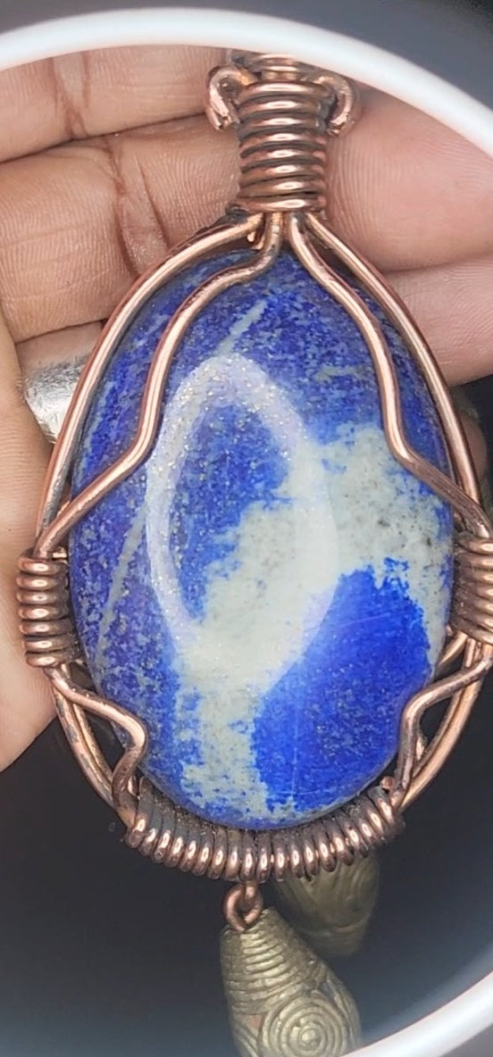 Wirewrapped Lapiz in Copper with Afrikan Lost Wax Beads